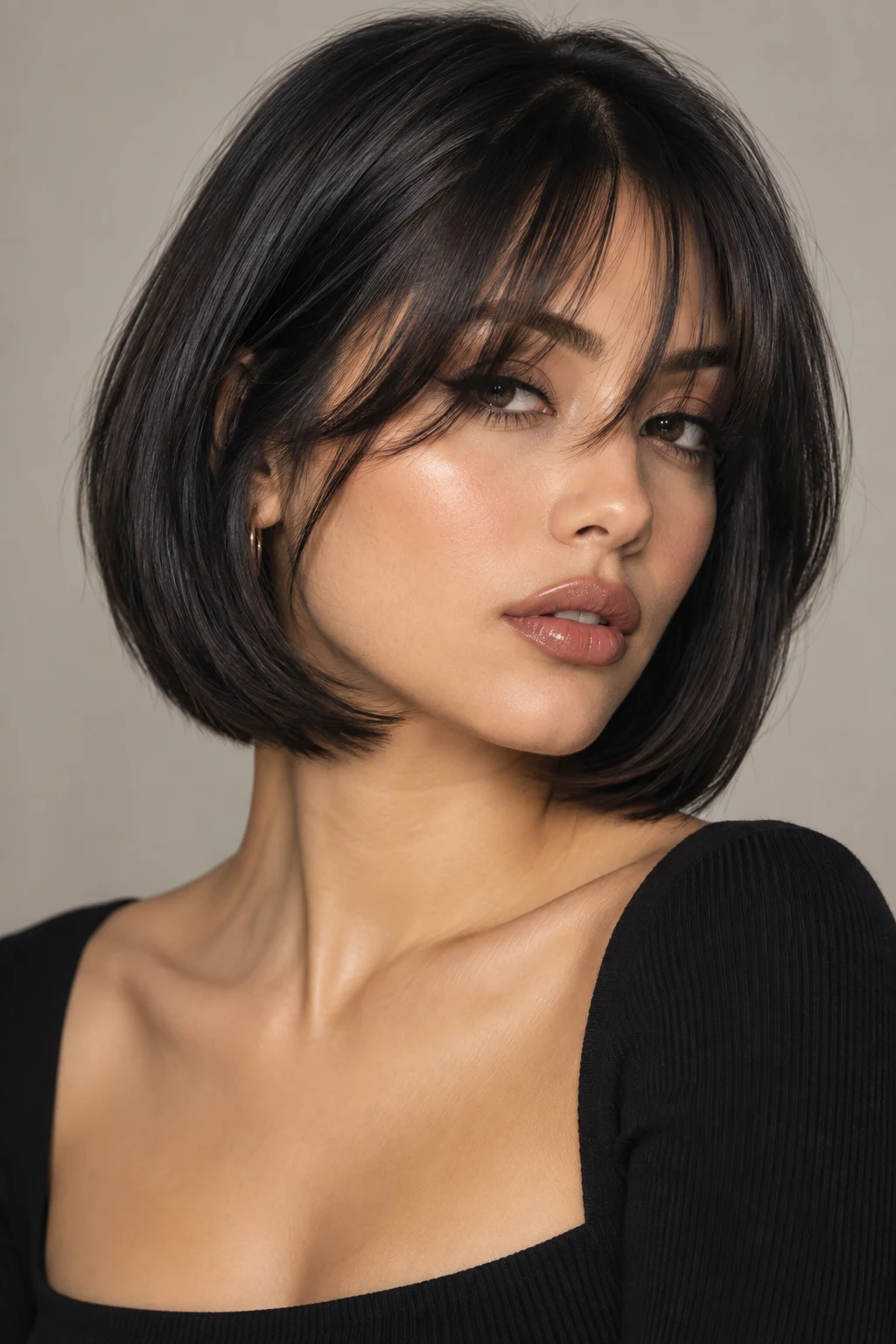 Sleek Black Bob — whispy curtains bangs style outfit