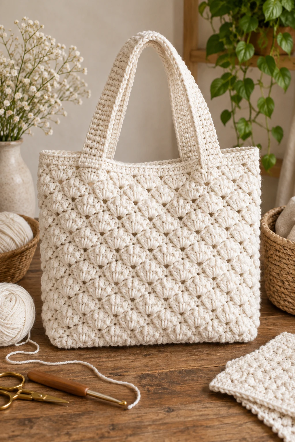 Textured White Crochet Tote — white crochet bag style outfit