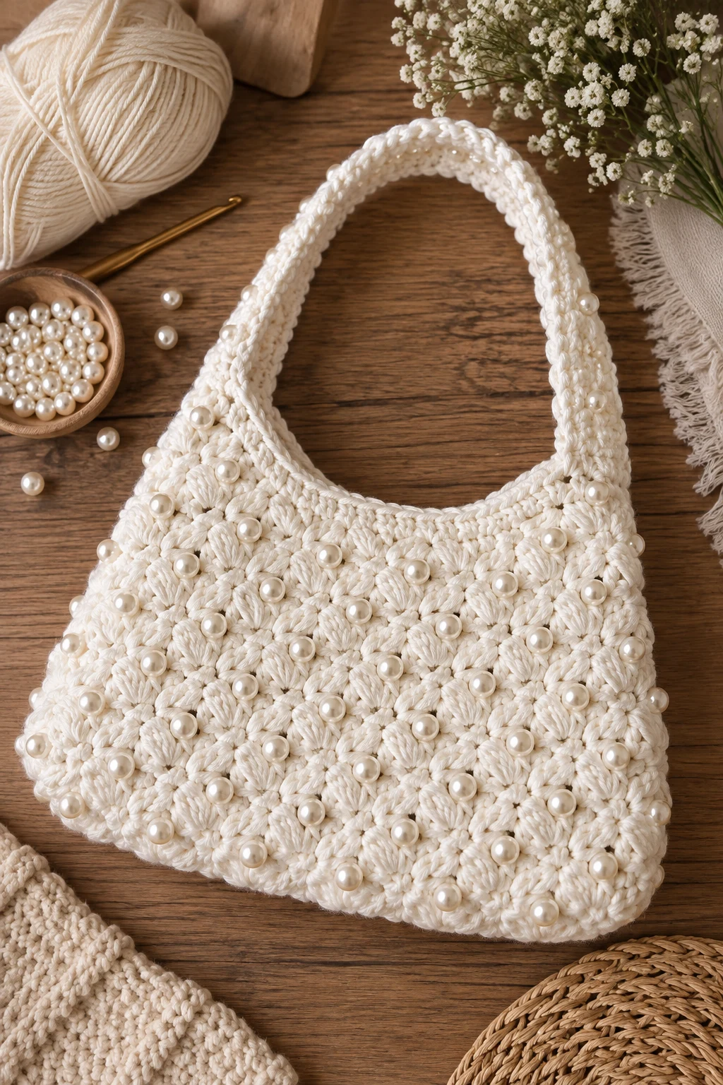 White Crochet Bag With Pearl Details — white crochet bag style outfit