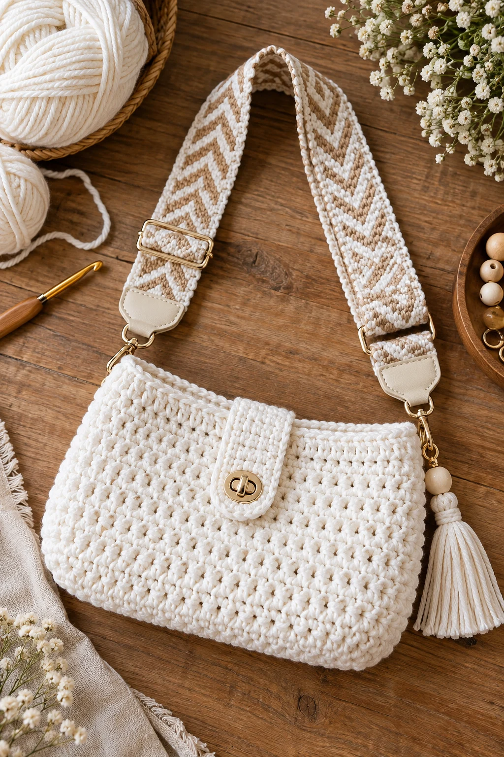 Modern White Crochet Bag With a Bold Strap — white crochet bag style outfit