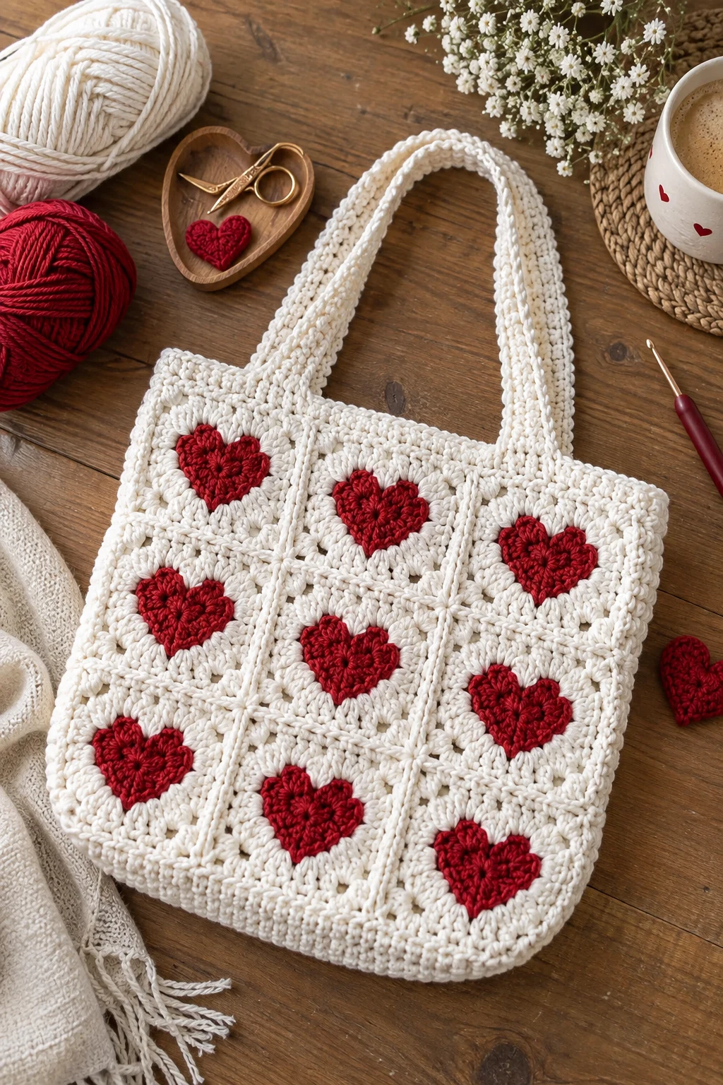 White Crochet Bag With Red Hearts — white crochet bag style outfit