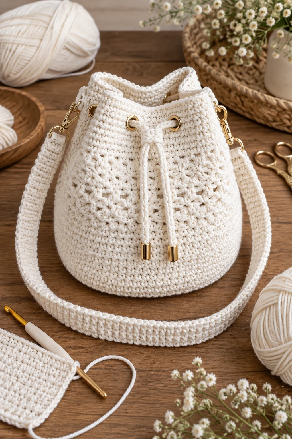 White Crochet Bucket Bag — white crochet bag style outfit
