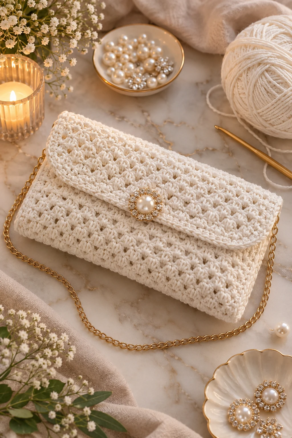 White Crochet Clutch for Evenings — white crochet bag style outfit