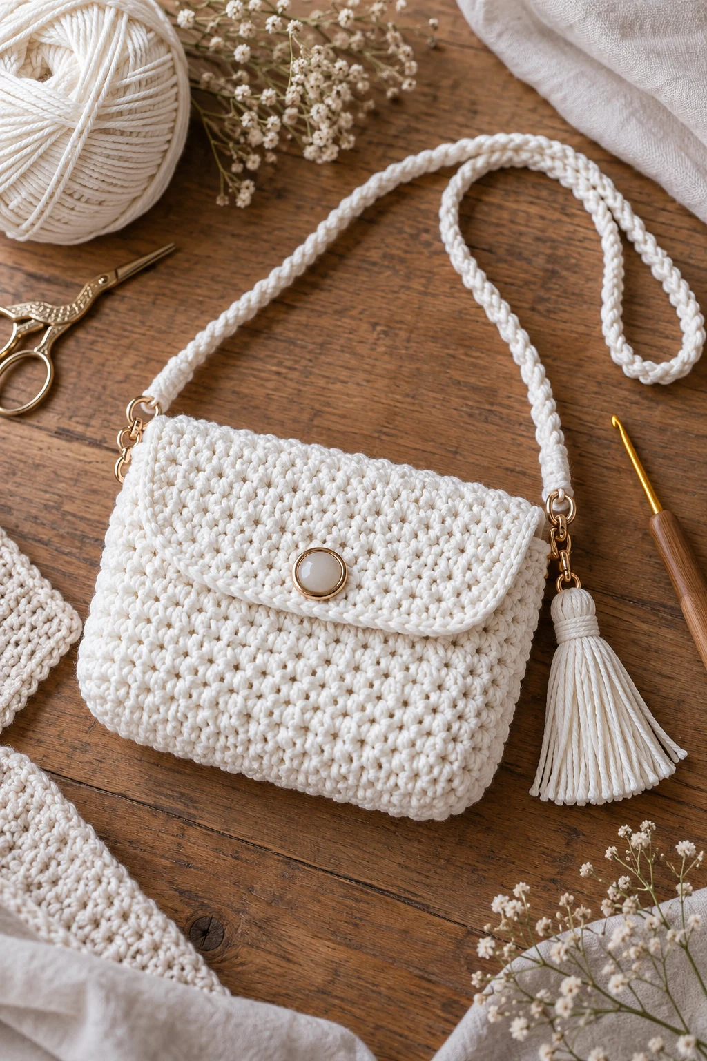 Small White Crochet Crossbody — white crochet bag style outfit