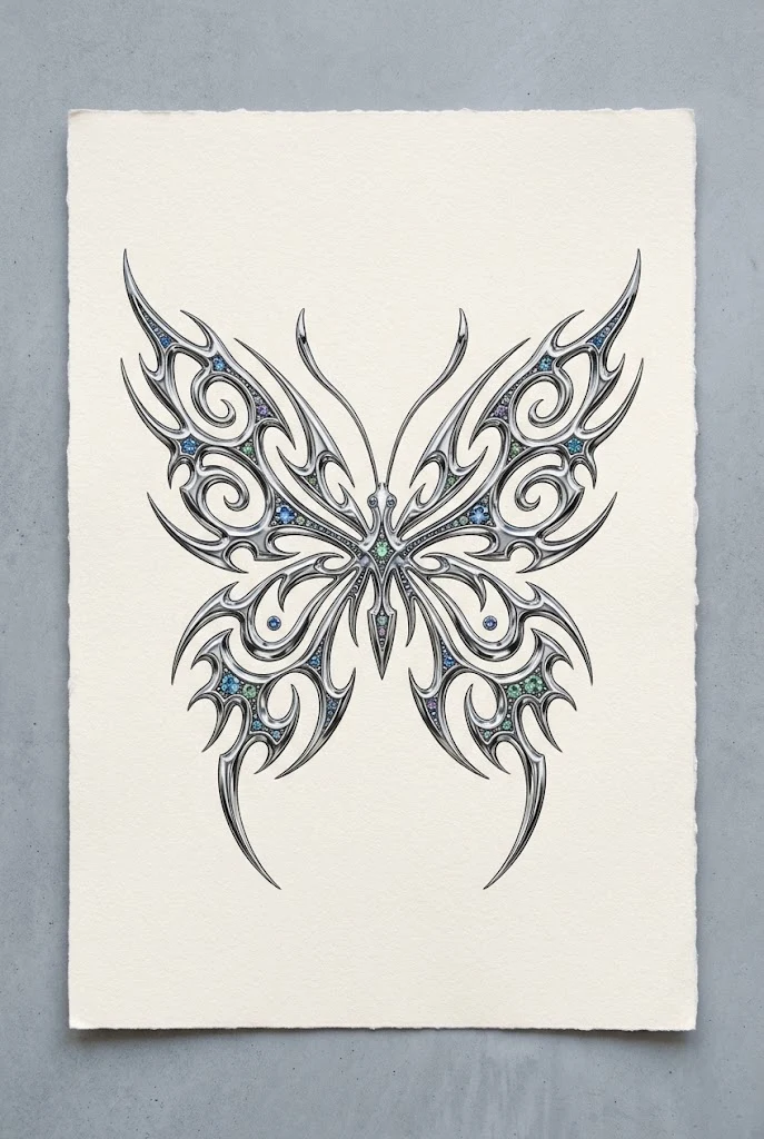 Chromed Liquid Metal Butterfly Design — y2k butterfly tattoo style outfit