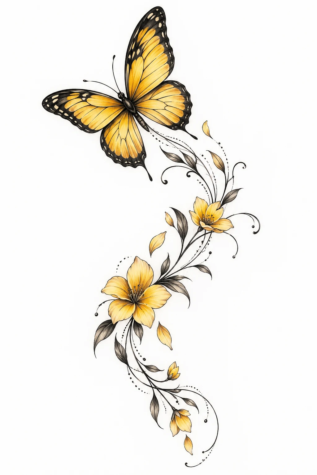 Butterfly With a Floral Trail — yellow butterfly tattoo style outfit