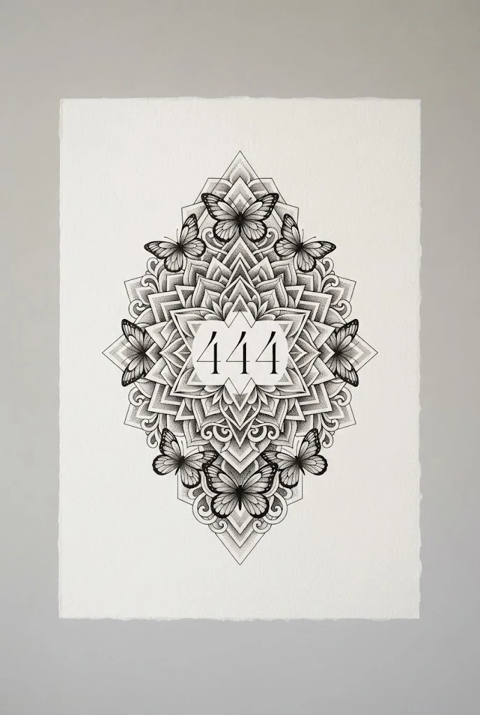 Geometric Sacred Symmetry Thigh Piece — 444 butterfly tattoo style outfit