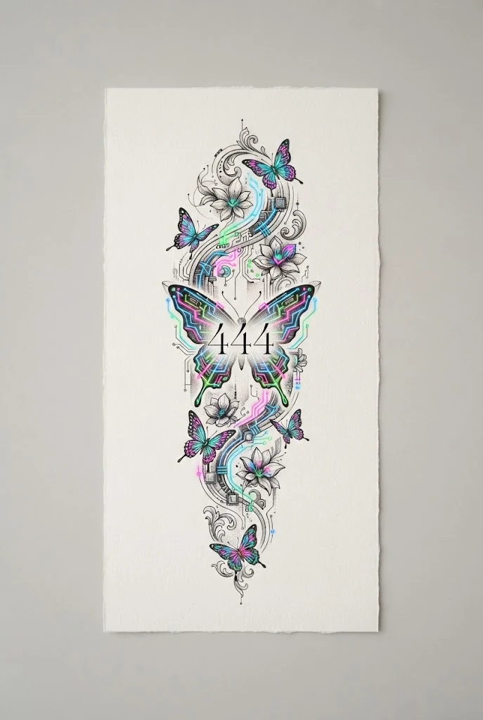 Neon Cyberpunk Numerical Sleeve — 444 butterfly tattoo style outfit