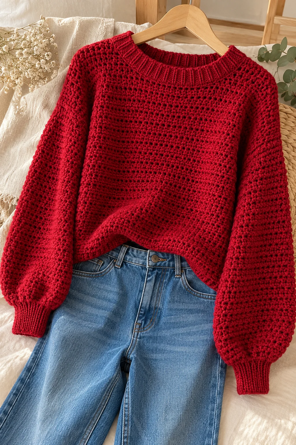 Parisian Chic Red Sweater and Classic Blue Jeans — aesthetic sweater outfits