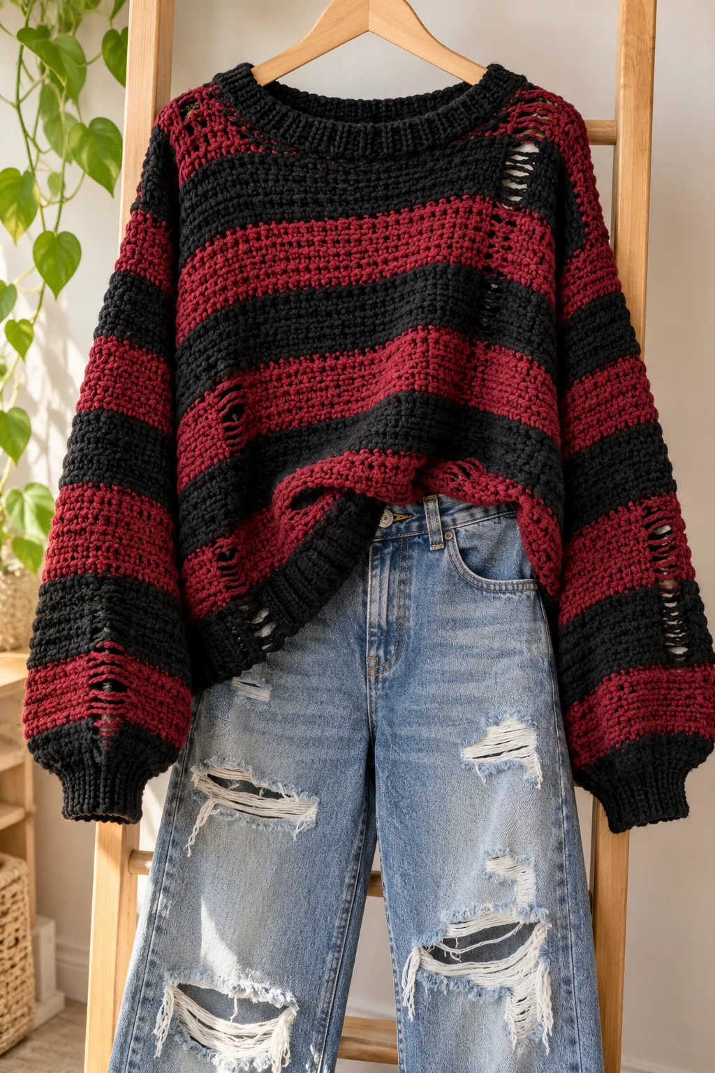 Grunge Aesthetic Striped Sweater and Distressed Denim — aesthetic sweater outfits