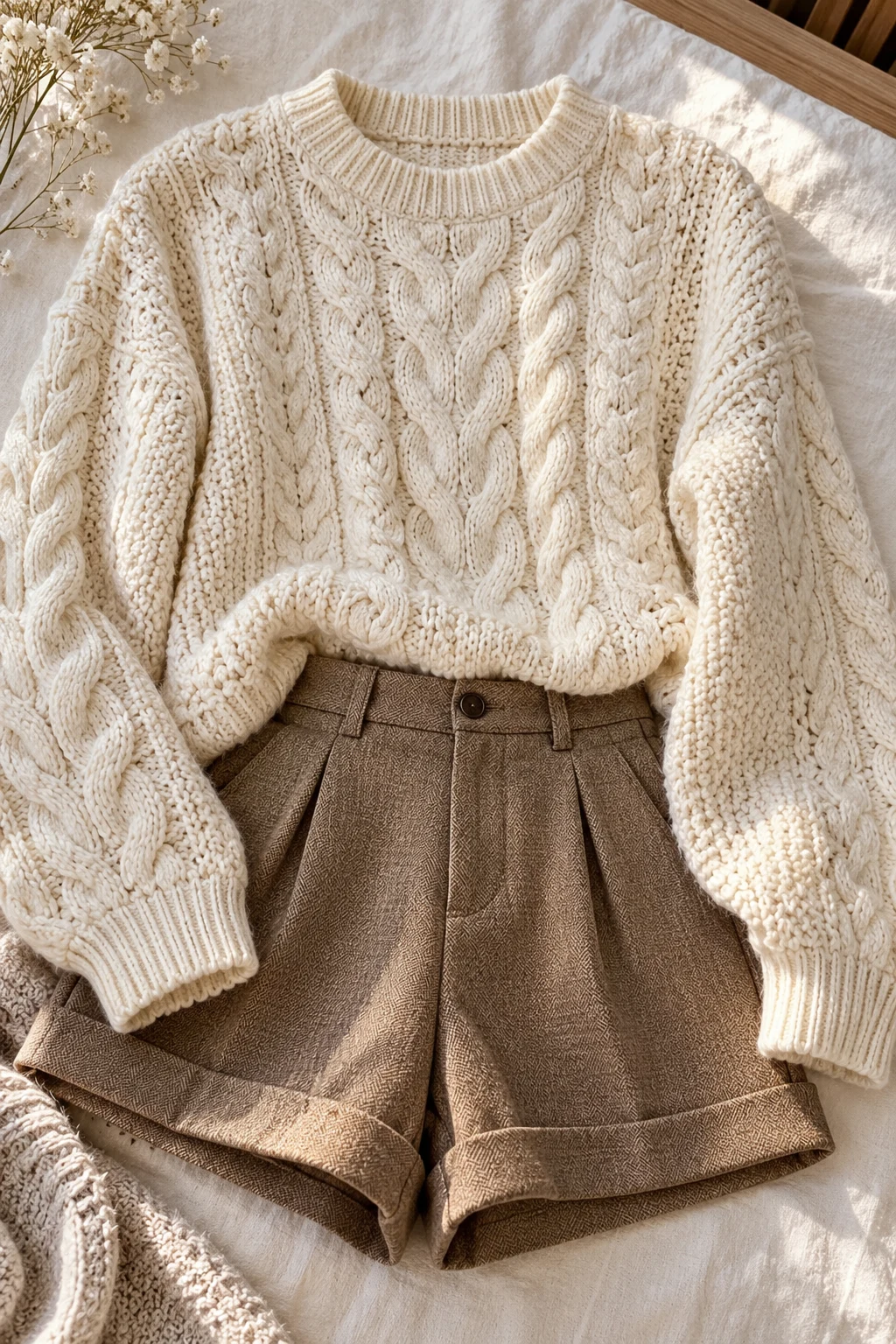 Preppy Cable-Knit Sweater and Tailored Shorts — aesthetic sweater outfits