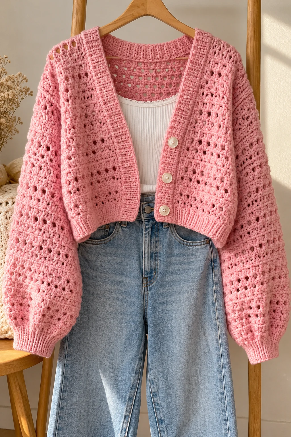Soft-Girl Pink Cardigan and Straight-Leg Jeans — aesthetic sweater outfits