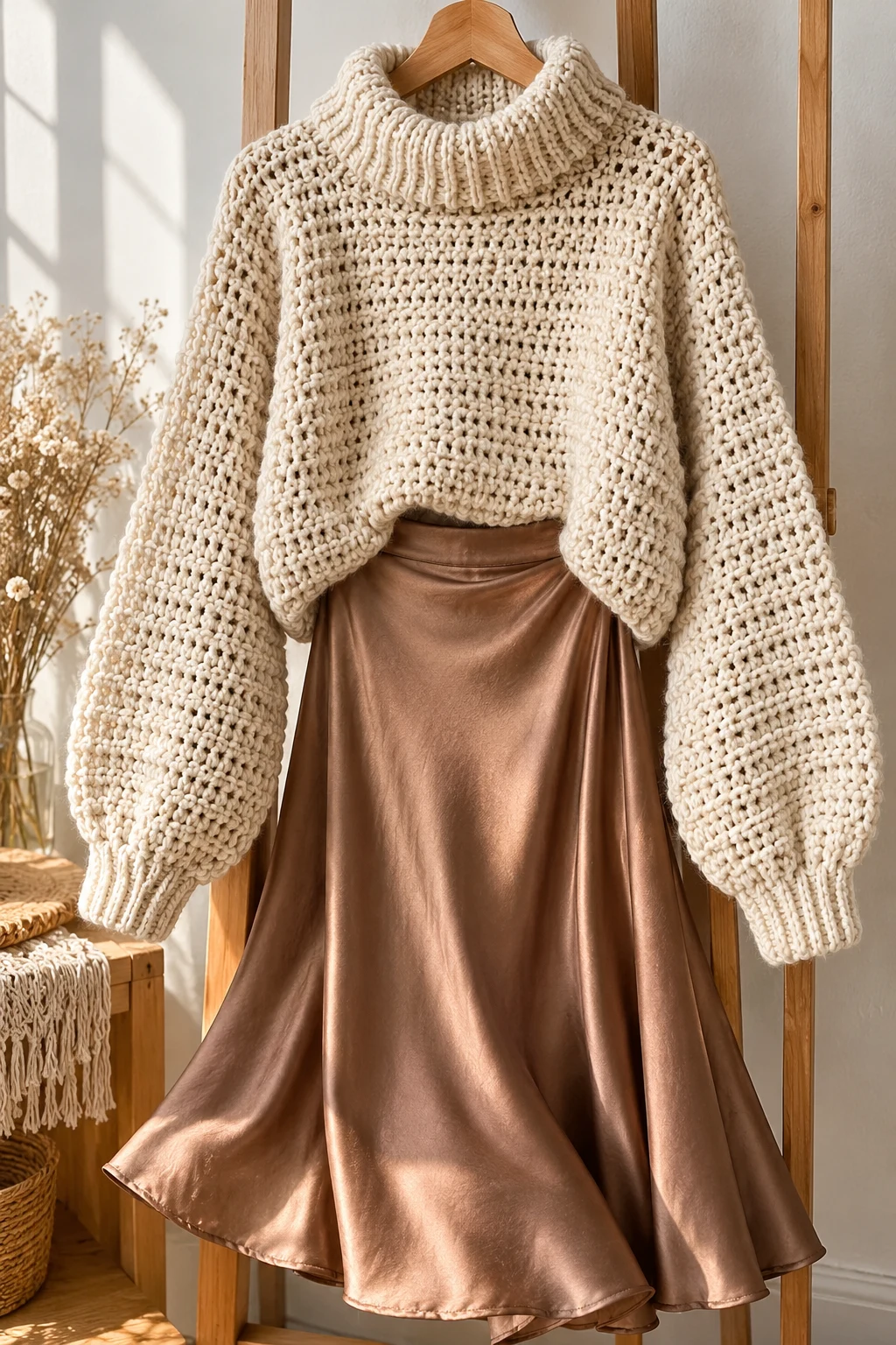 Chunky Turtleneck and Satin Midi Skirt Elegance — aesthetic sweater outfits