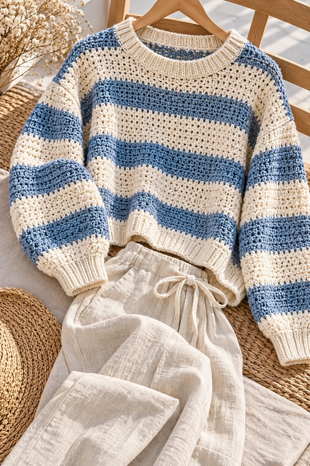 Coastal Grandmother Striped Sweater and Linen Pants — aesthetic sweater outfits