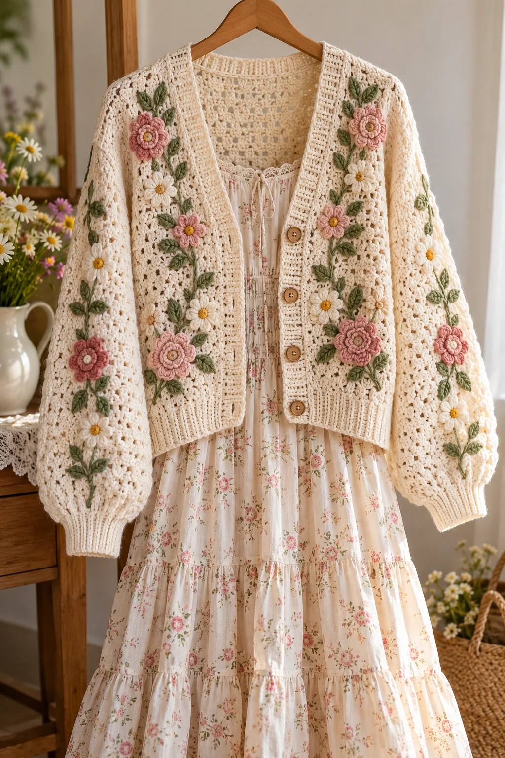 Cottagecore Floral Cardigan and Prairie Dress — aesthetic sweater outfits