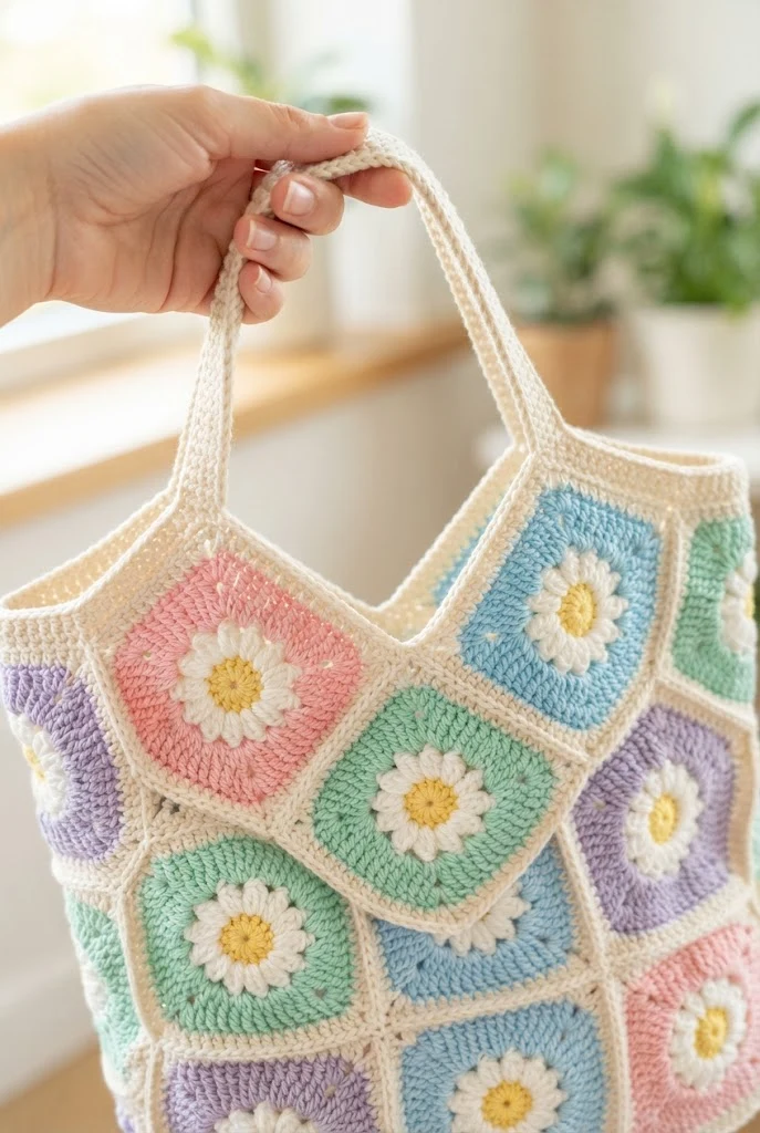 Pastel Daisy Granny Square Tote Bag — Aesthetic things to crochet style outfit