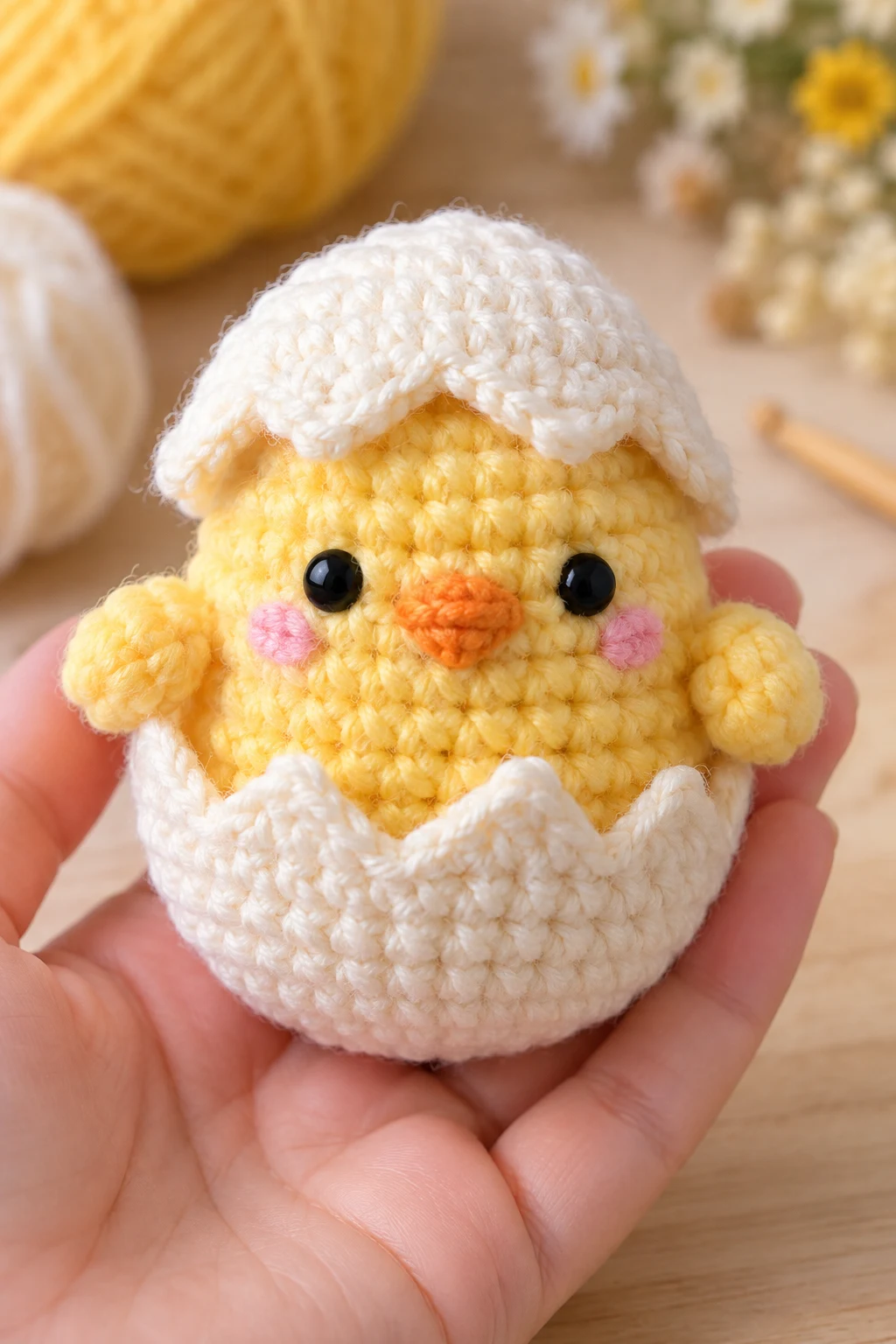 Fluffy Crochet Chick in an Eggshell — amigurumi for beginners style outfit