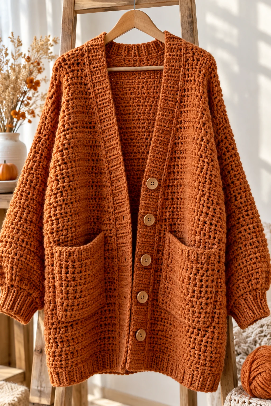 The Oversized Pumpkin-Spice Crochet Cardigan — autumn crochet ideas clothes style outfit