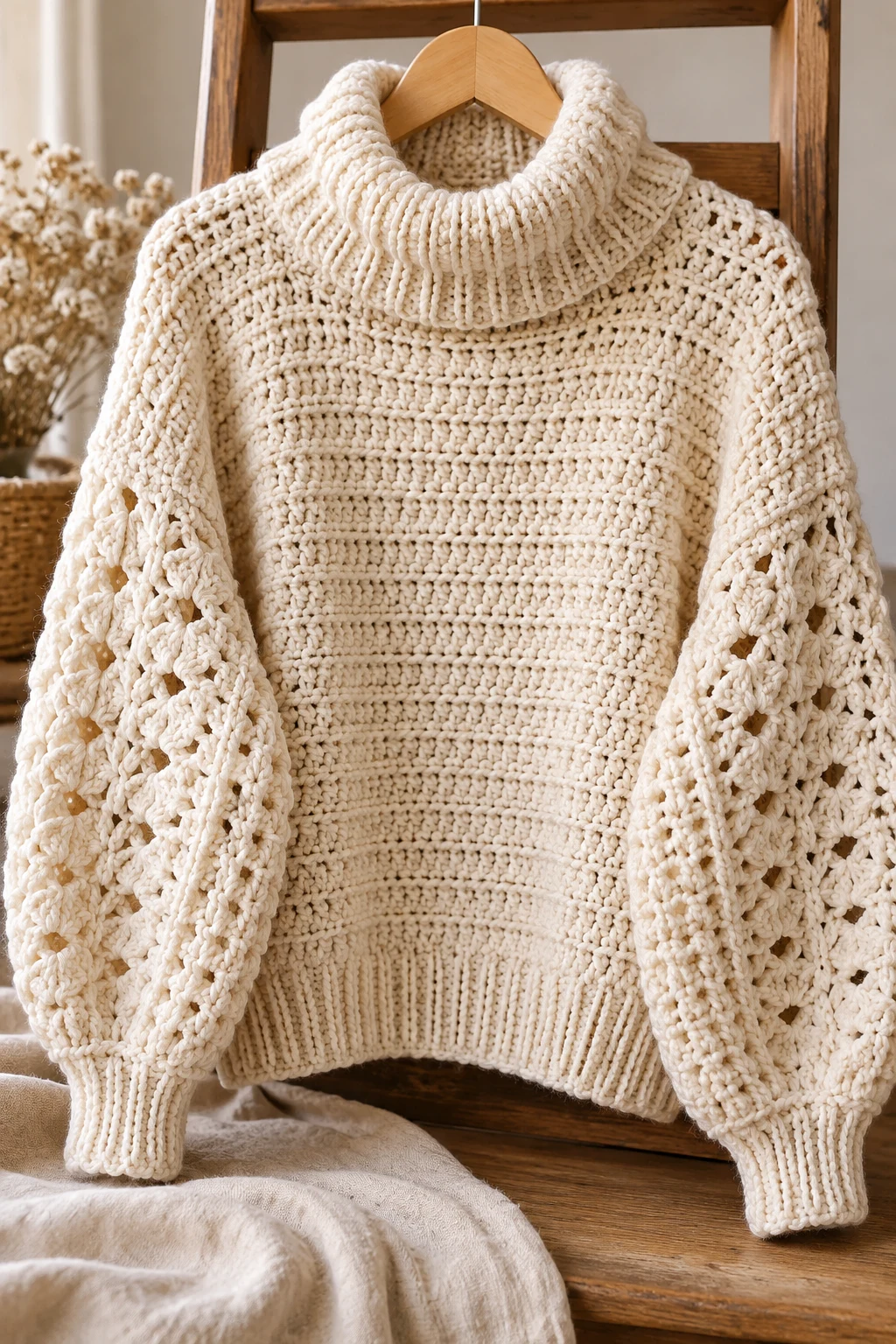 The Cream Crochet Turtleneck Sweater — autumn crochet ideas clothes style outfit