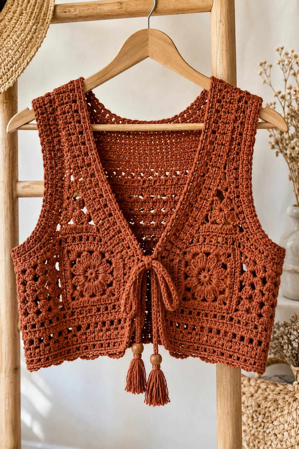 The Rust-Colored Crochet Crop Vest — autumn crochet ideas clothes style outfit