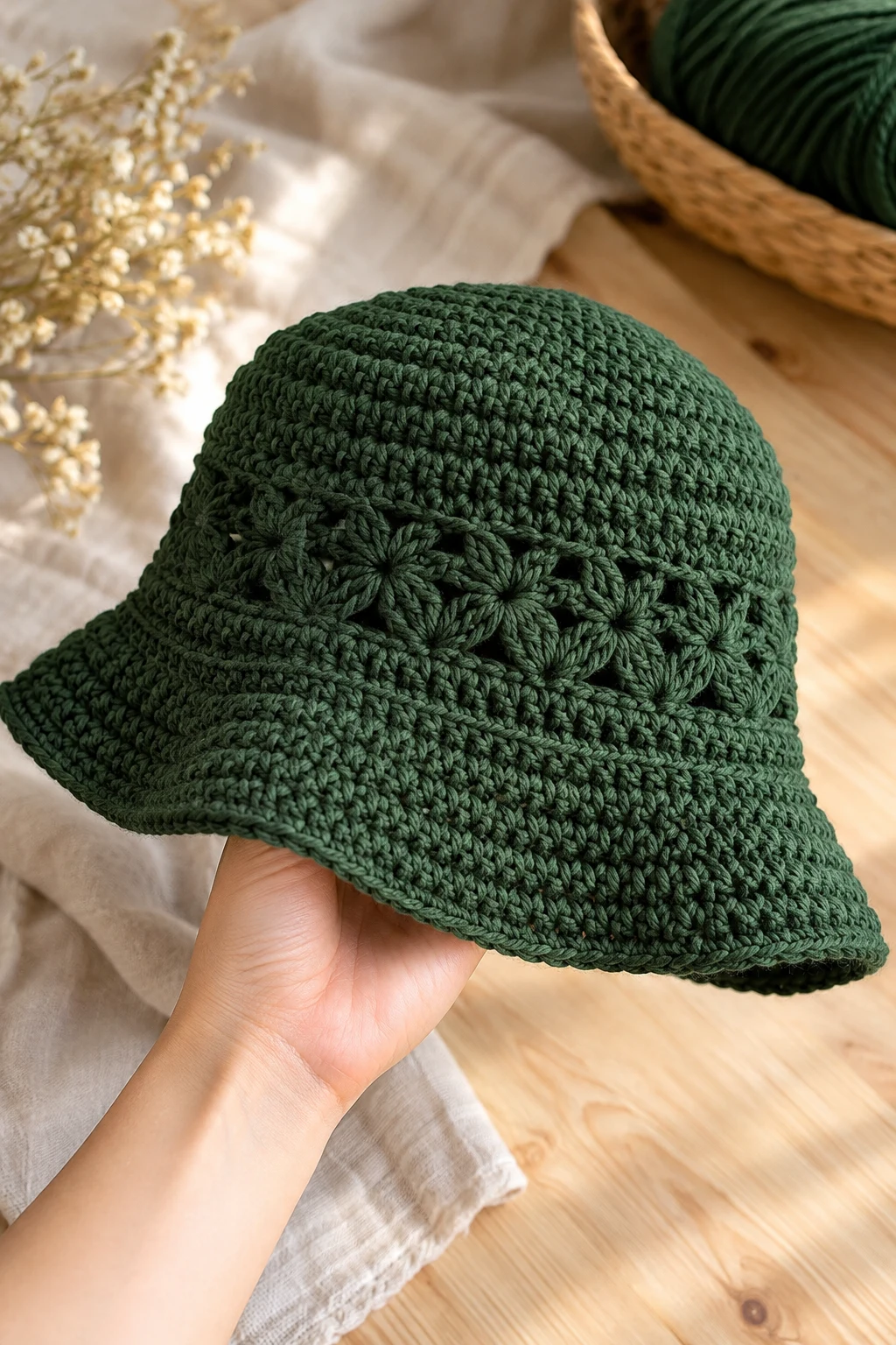 The Forest-Green Crochet Bucket Hat — autumn crochet ideas clothes style outfit
