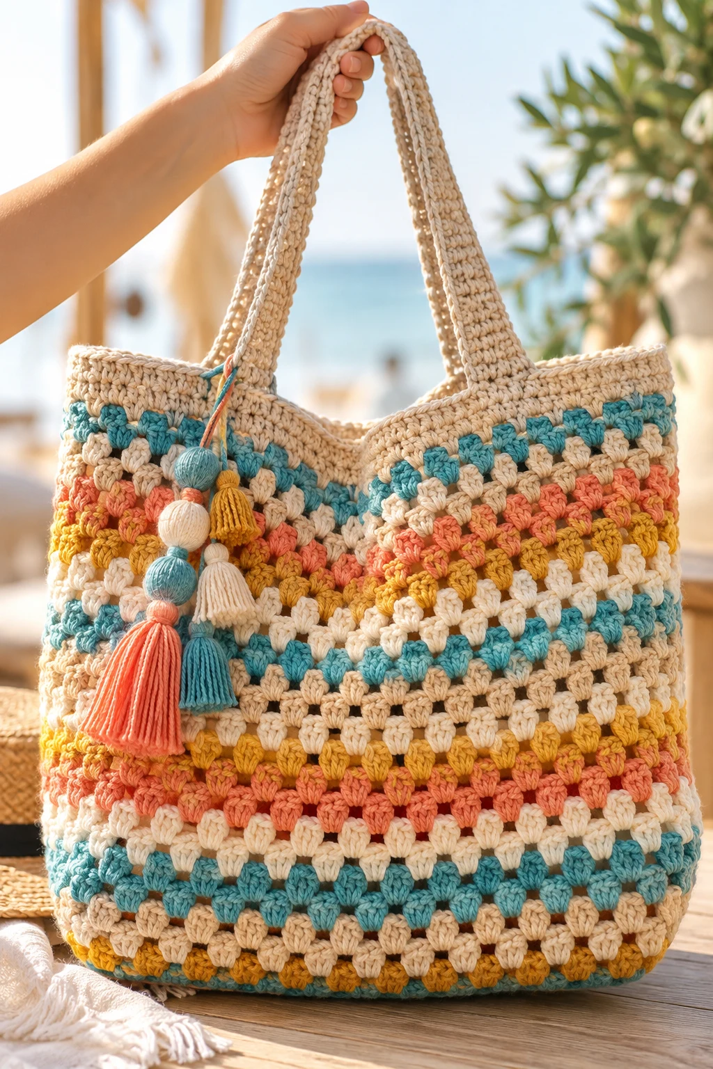 Granny Stripe Crochet Beach Tote — bag crochet style outfit