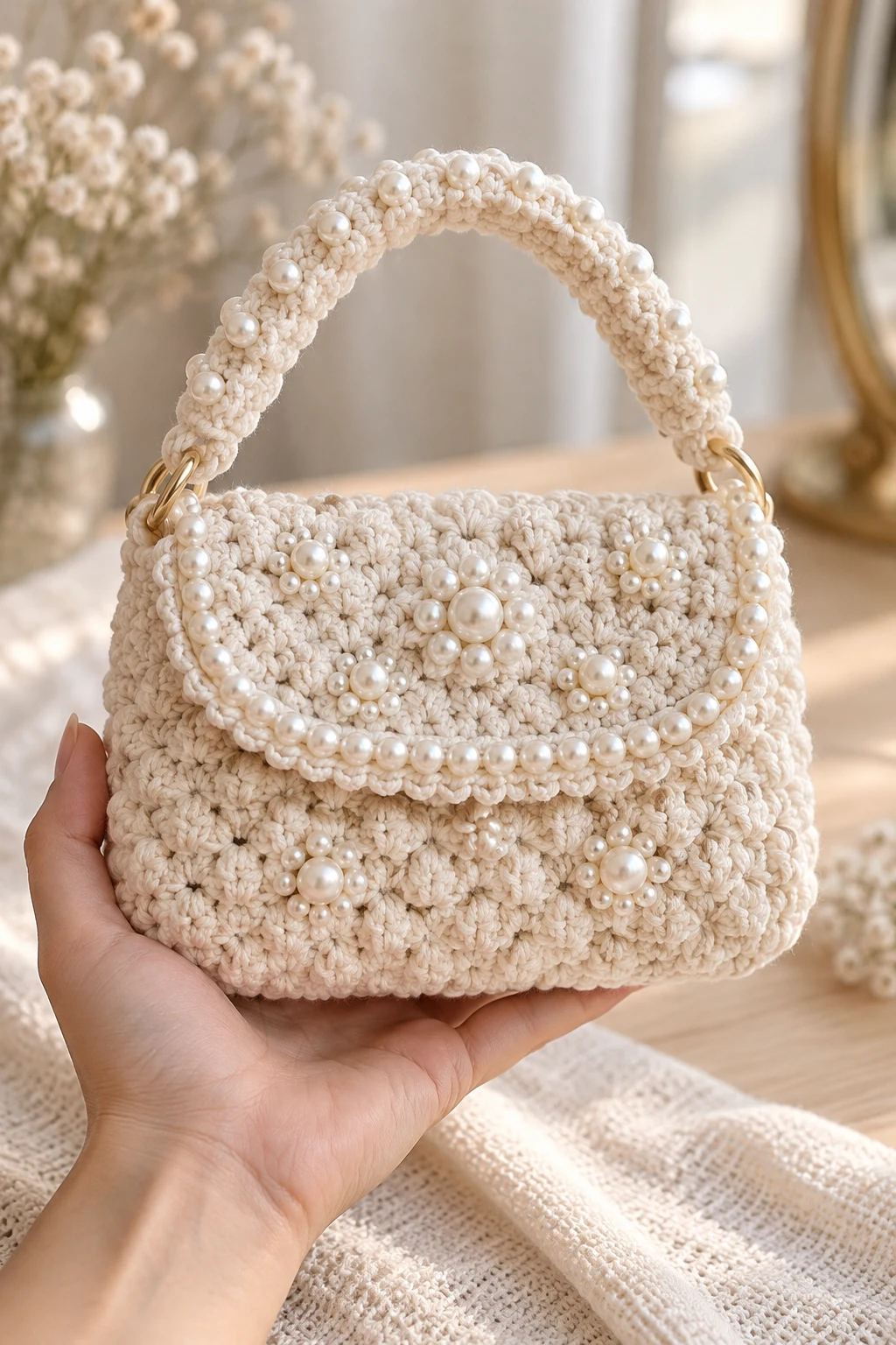 Elegant Pearl-Detail Mini Purse — bag crochet style outfit