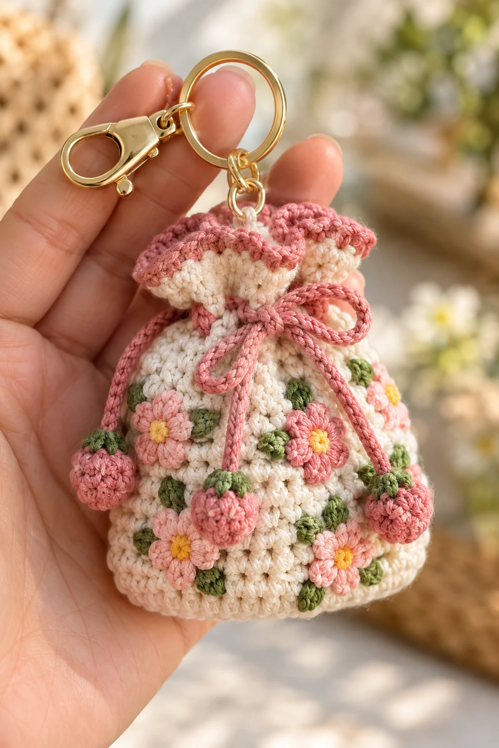 Mini Drawstring Pouch Crochet Keychain — bag keychain crochet style outfit