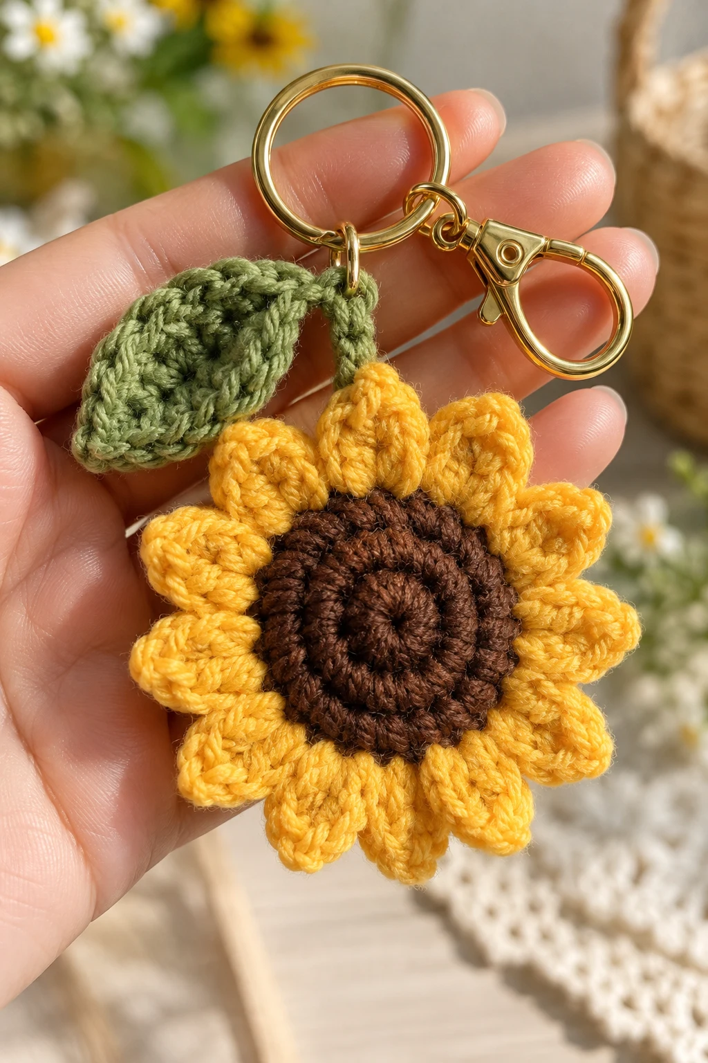 Tiny Sunflower Crochet Keychain — bag keychain crochet style outfit