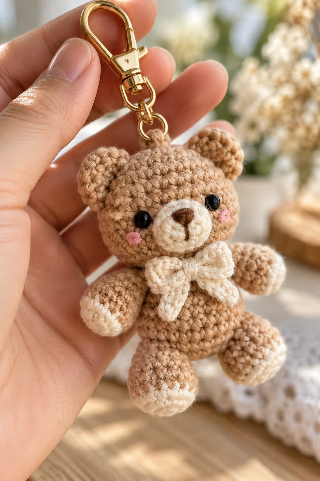 Tiny Crochet Teddy Bear Bag Charm — bag keychain crochet style outfit