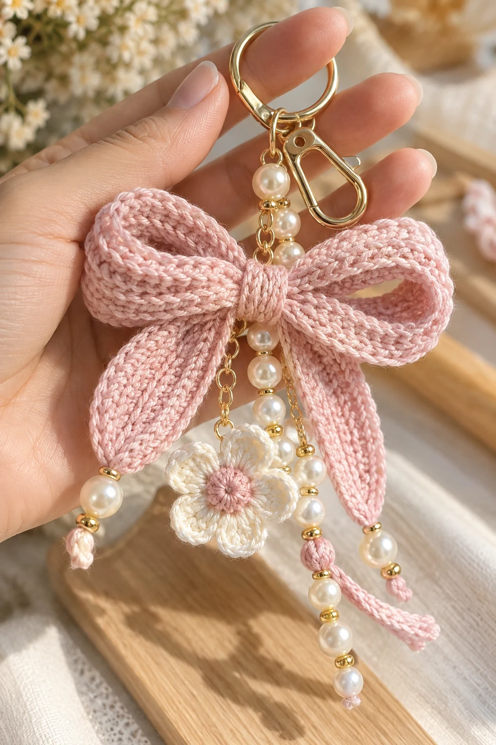 Ribbon Bow and Pearl Bag Charm — bag keychain ideas style outfit