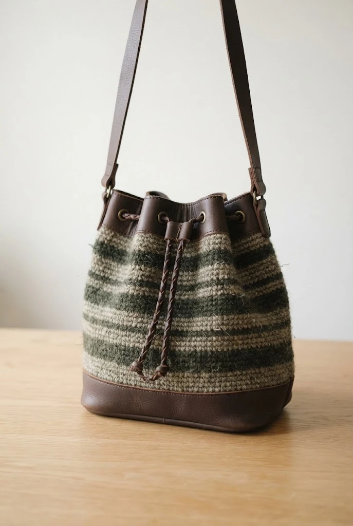 Leather and Wool Bucket Bag — bag pattern crochet style outfit