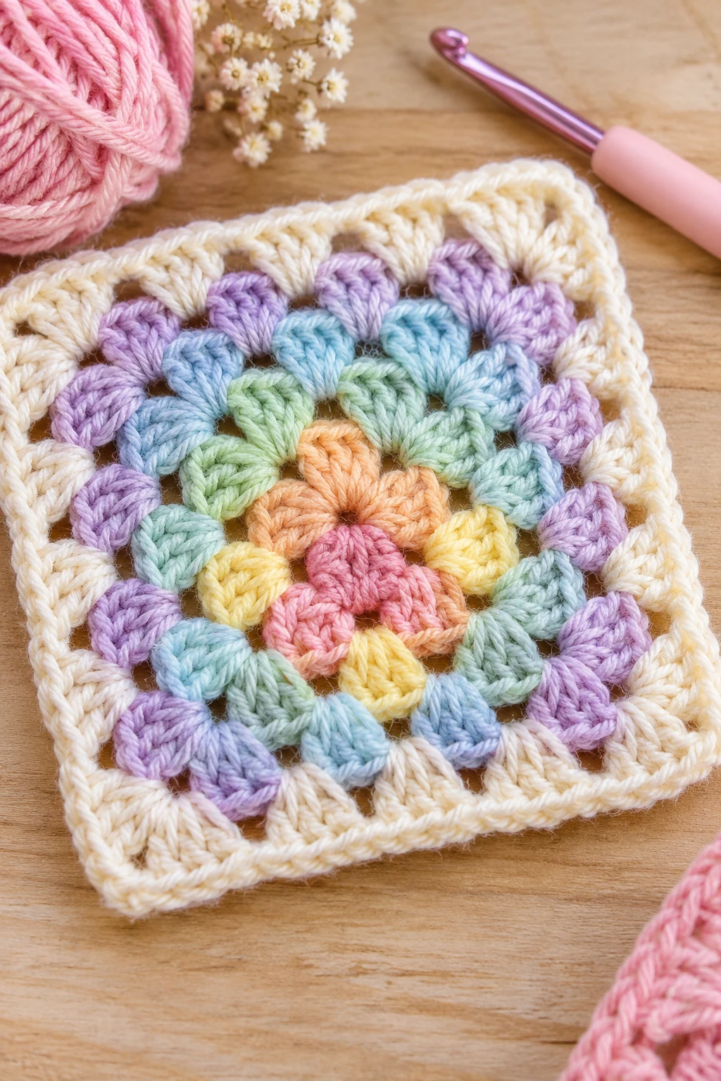 Pastel Rainbow Granny Square — basic granny square crochet pattern free