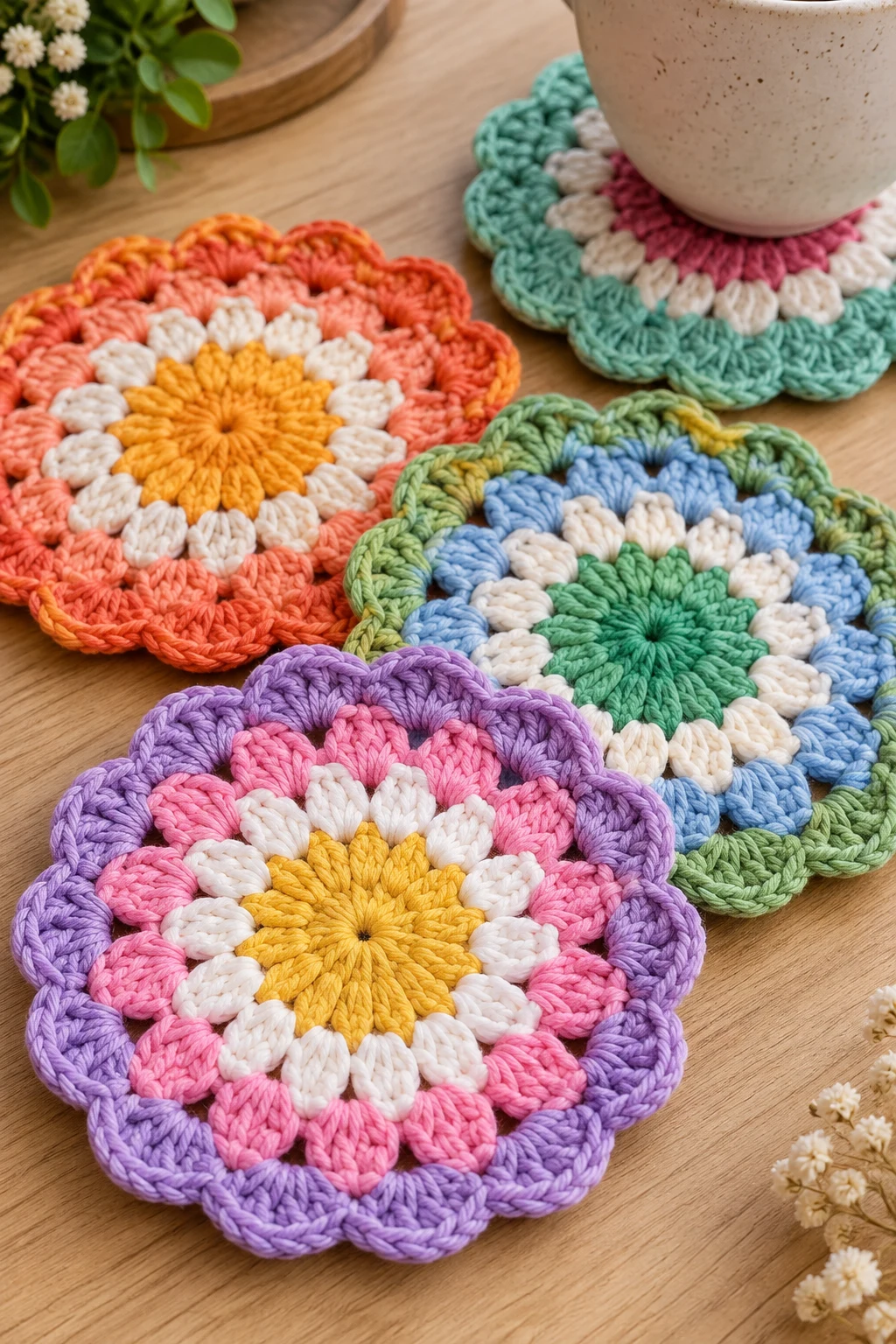 Beginner Crochet Projects With Acrylic Yarn: Colorful Coasters — beginner crochet projects style outfit