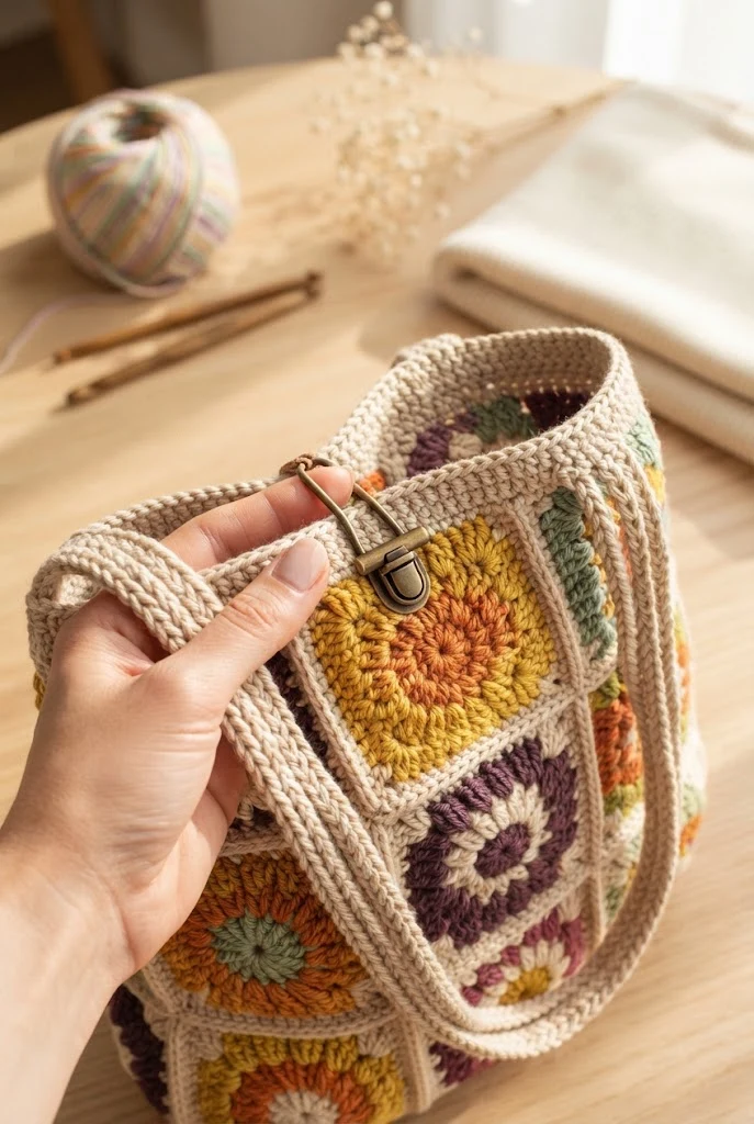 The Classic Sunburst Granny Square Tote — beige crochet bag