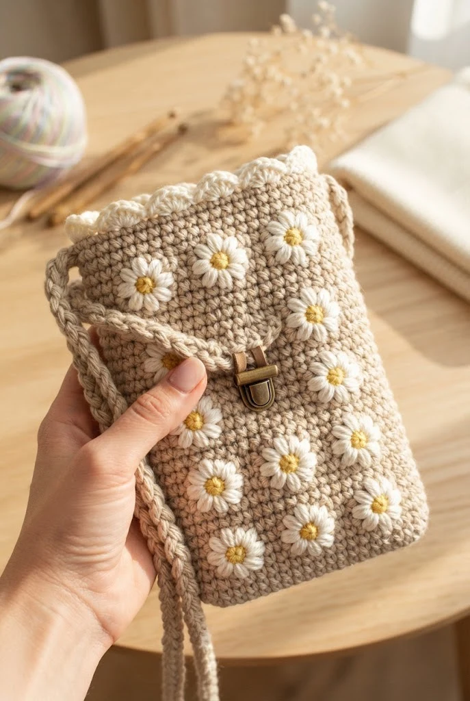 The Perky Daisy Phone Crossbody Pouch — beige crochet bag