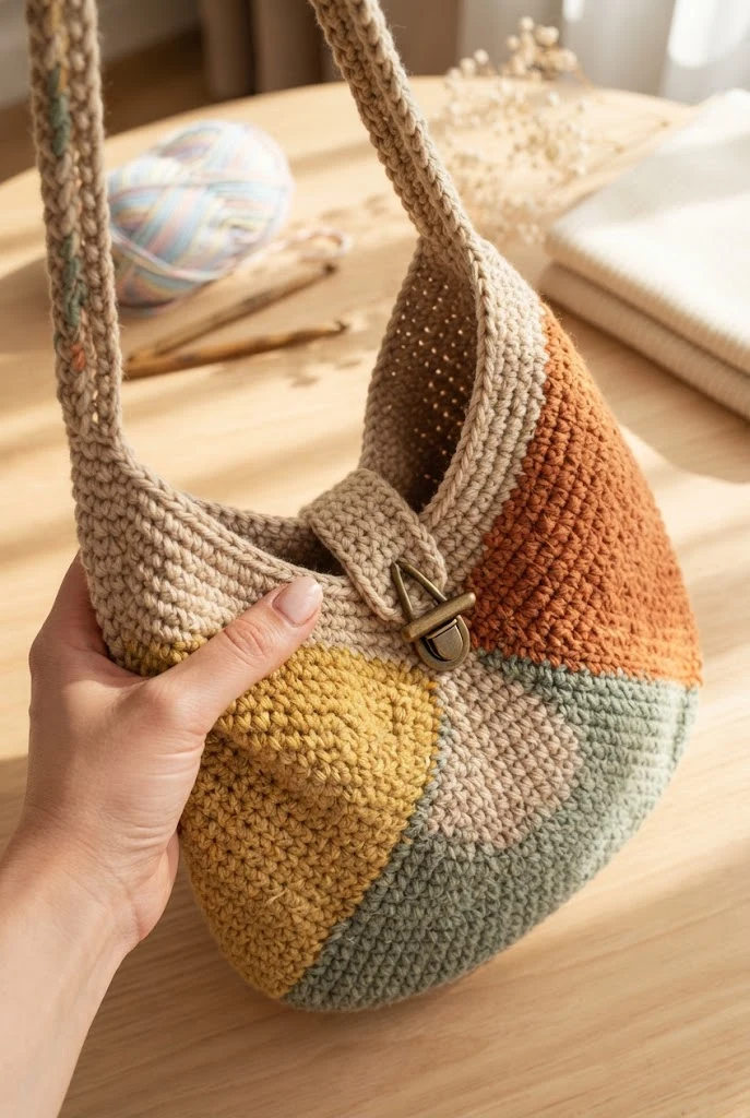 The Retro Color-Blocked Hobo Bag — beige crochet bag