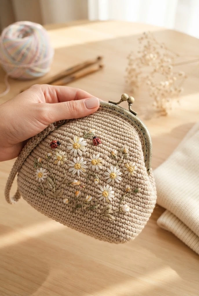 The Whimsical Daisy Garden Coin Purse — beige crochet bag