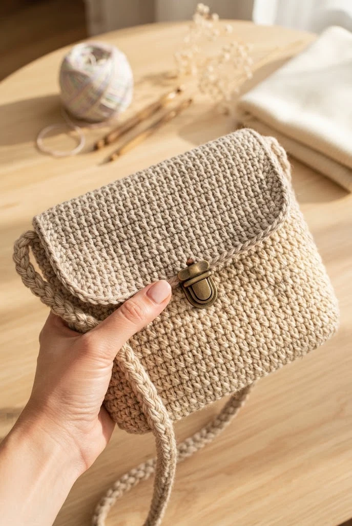 The Two-Tone Modern Flap Crossbody — beige crochet bag