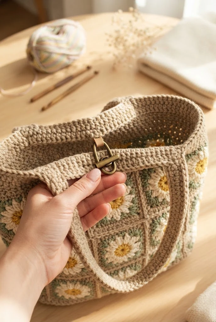 The Mosaic Colorwork Daisy Tote — beige crochet bag