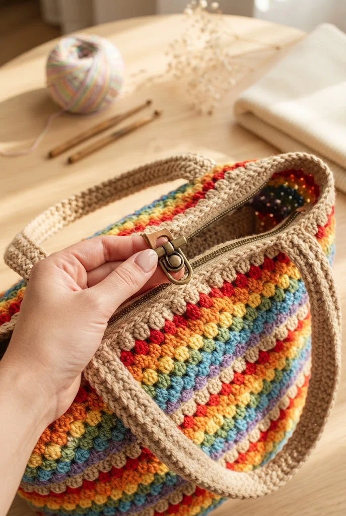 The Granny Stripe Rainbow Weekender — beige crochet bag