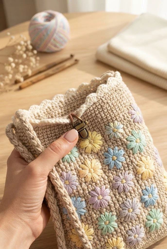 The Pastel Meadow Shoulder Pouch — beige crochet bag