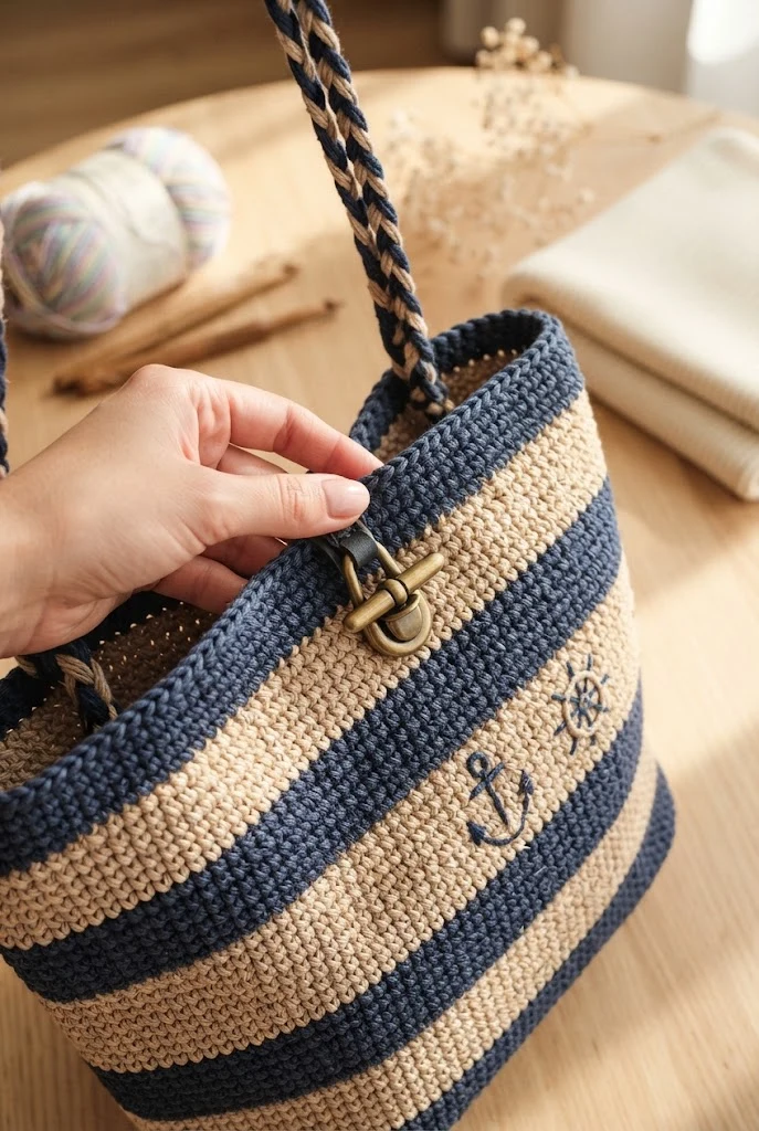 The Chic Striped Sailor Tote — beige crochet bag