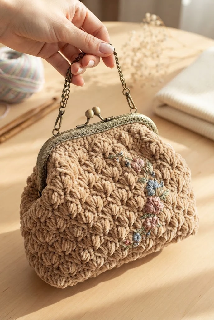 The Romantic Velvet Evening Clutch — beige crochet bag
