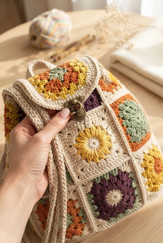 The Sunny Daisy Granny Square Backpack — beige crochet bag