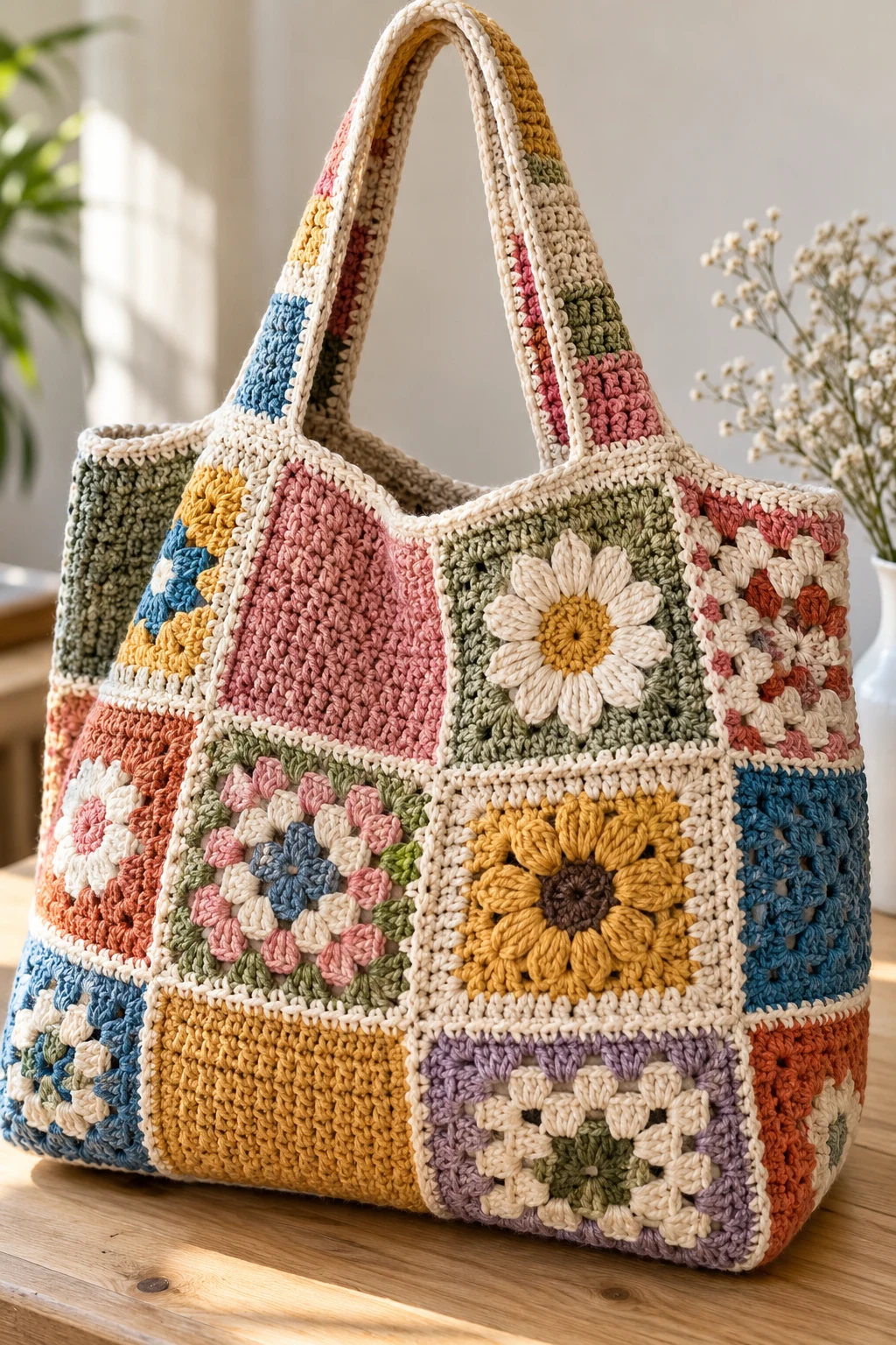 Patchwork Crochet Tote in Mixed Colors — big bag crochet