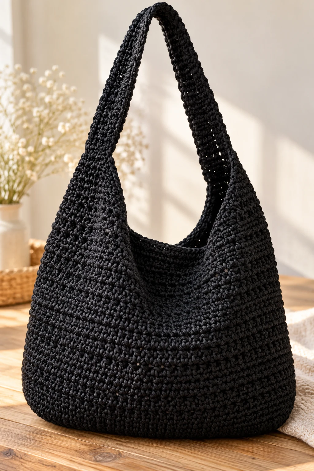 Minimalist Black Crochet Shoulder Bag — big bag crochet