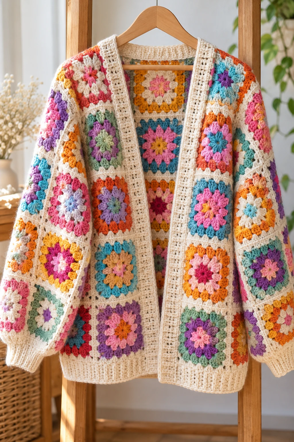 Colorful Granny Square Cardigan — bigger crochet projects style outfit