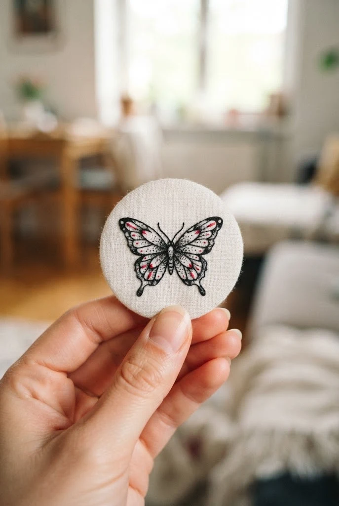 Subtle Behind-The-Ear Accent — black and red butterfly tattoo style outfit