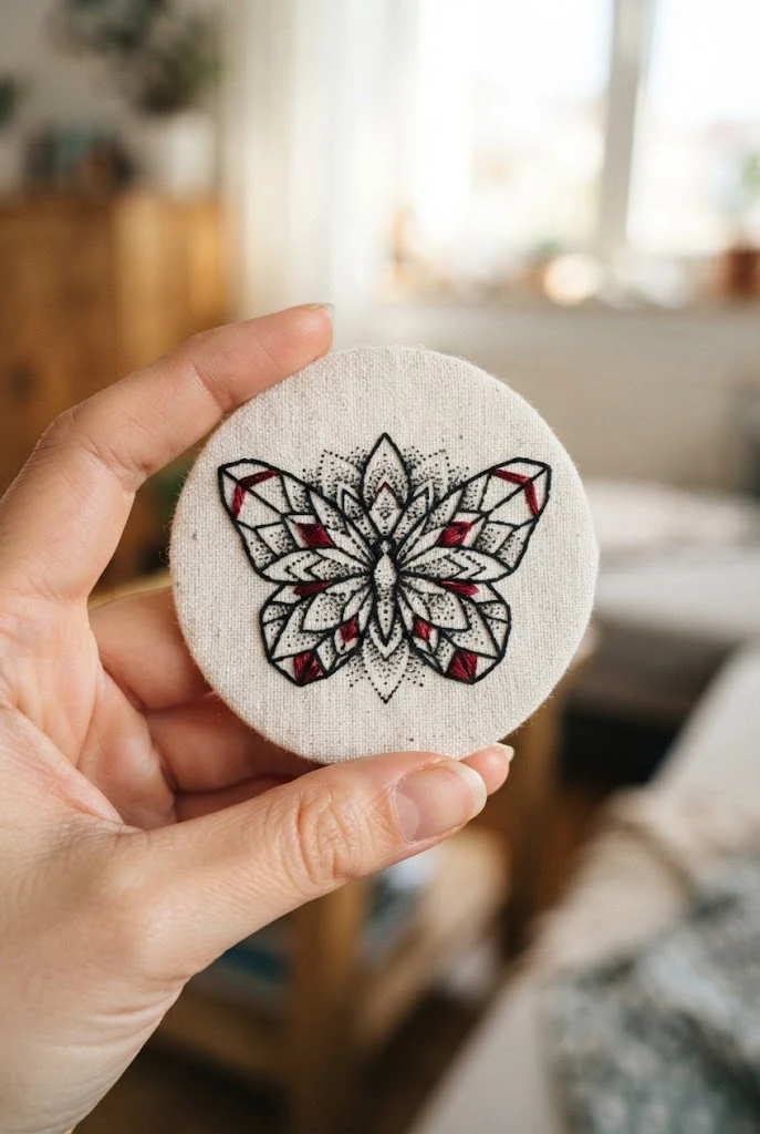 Geometric Sacred Symmetry — black and red butterfly tattoo style outfit